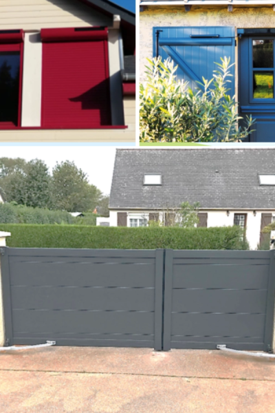 Collage volets roulants bordeaux solaires, volet battant bleu et portail anthracite motorisé