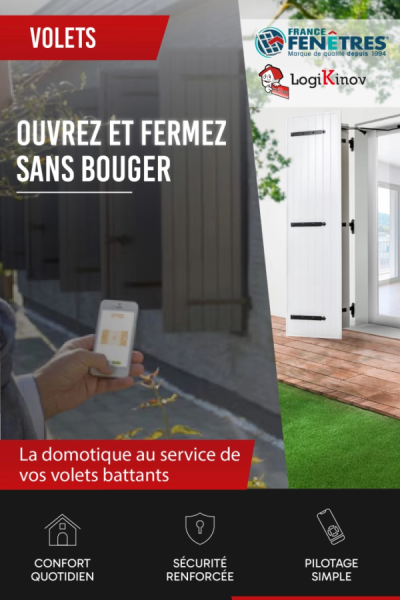 Affiche volets battants : smartphone et volet blanc motorisé - OUVREZ ET FERMEZ SANS BOUGER - France Fenêtres