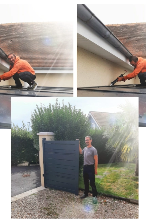 Collage technicien sur toit de pergola, pose de mastic et portail anthracite neuf sur gravier