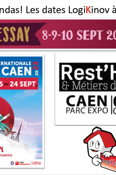 Affiche salons avec bandeau Lessay, affiche Foire internationale de Caen 2023 et logo Rest'Hôtel