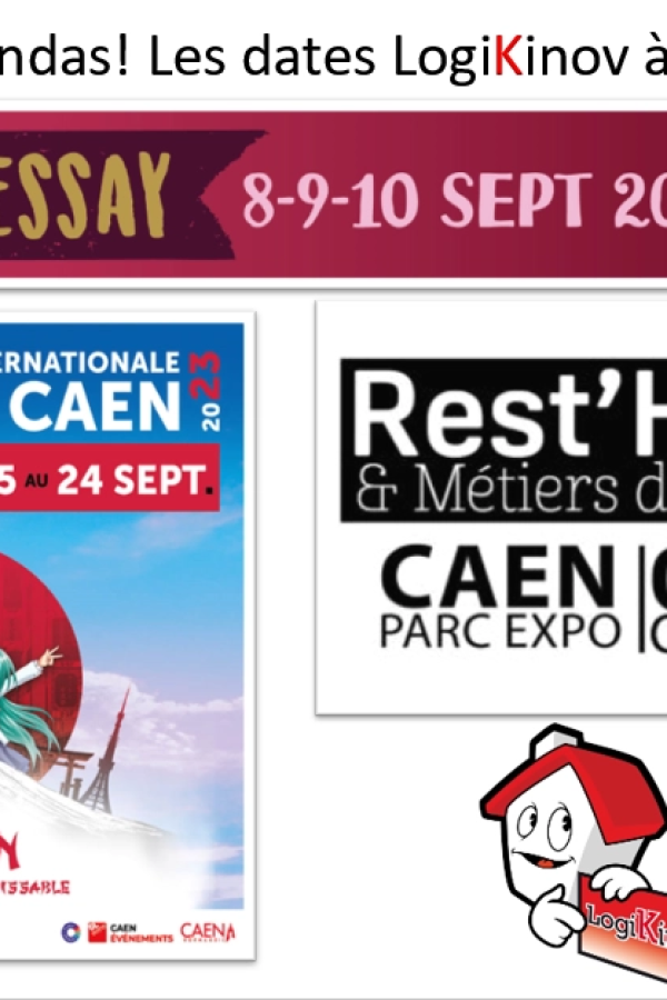 Affiche salons avec bandeau Lessay, affiche Foire internationale de Caen 2023 et logo Rest'Hôtel