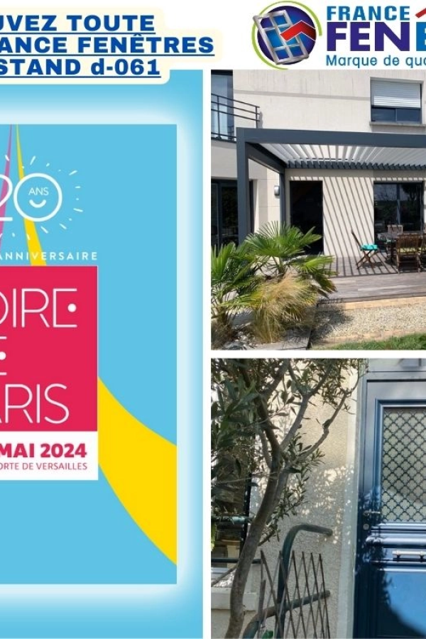 Collage affiche Foire de Paris 2024 stand d-061, pergola bioclimatique et porte bleue
