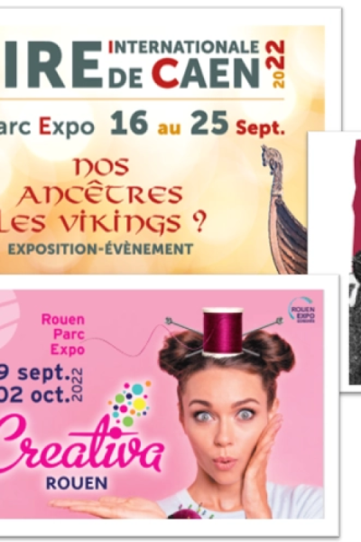 Affiches foires Caen 2022 Vikings et Creativa Rouen sur fond clair, calendrier visible