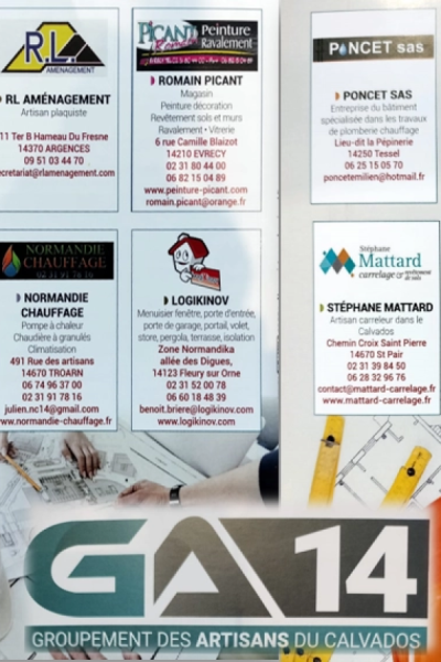 Plaquette GA 14 artisans Calvados, fiches entreprises dont mascotte LogiKinov