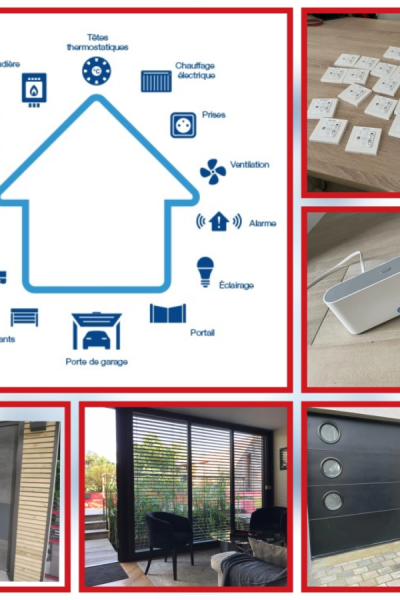 Collage domotique : schéma maison connectée, télécommandes, hub, BSO et porte garage