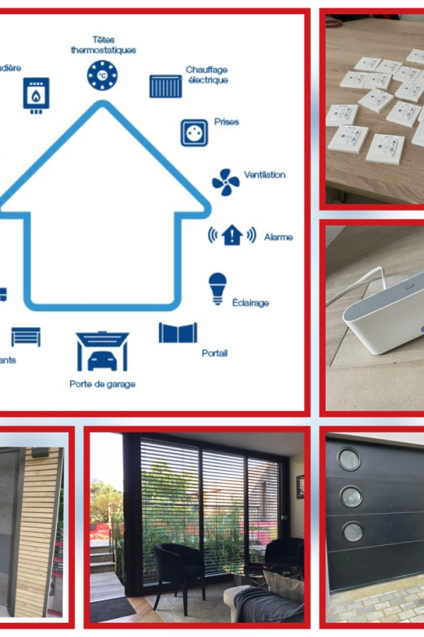 Collage domotique : schéma maison connectée, télécommandes, hub, BSO et porte garage