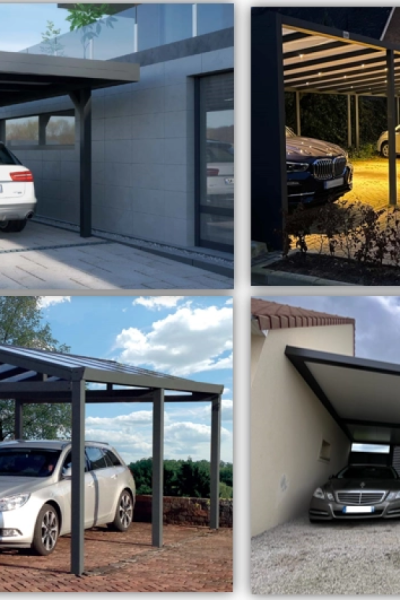 Collage quatre carports modernes anthracite ou gris abritant des voitures jour et nuit