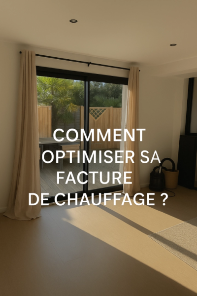 Baie vitrée ouverte sur terrasse bois avec palmiers - texte COMMENT OPTIMISER SA FACTURE DE CHAUFFAGE