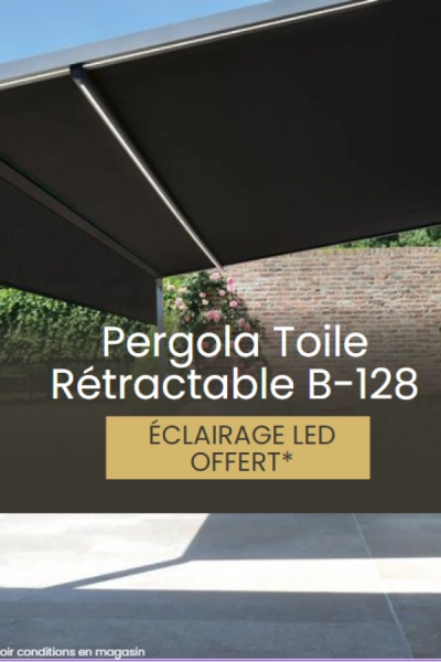 Pergola toile noire rétractable avec LED sous le bras - texte B-128 Éclairage LED offert