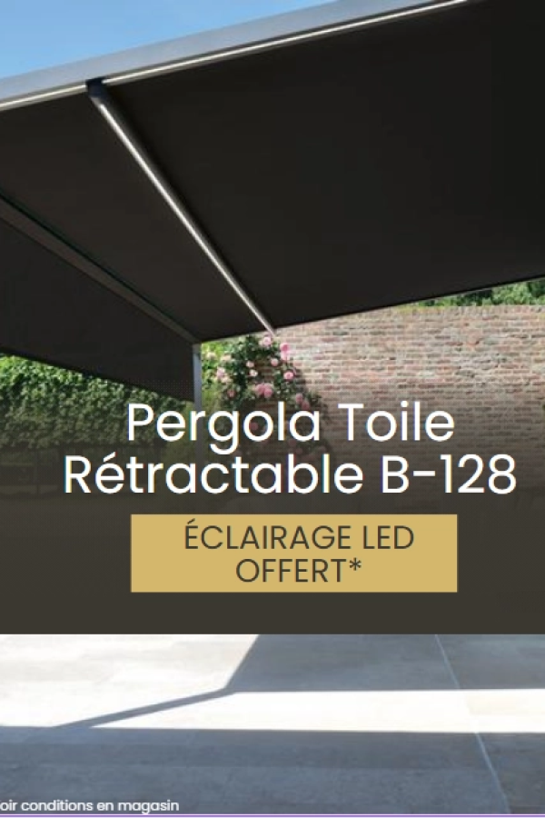 Pergola toile noire rétractable avec LED sous le bras - texte B-128 Éclairage LED offert