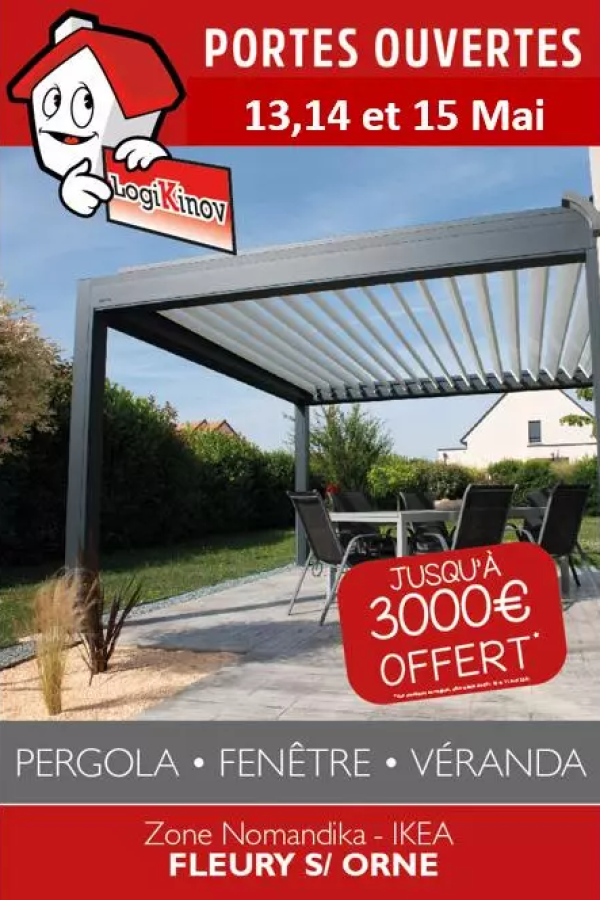Affiche portes ouvertes, pergola bioclimatique sur terrasse, dates 13-14-15 mai et offre