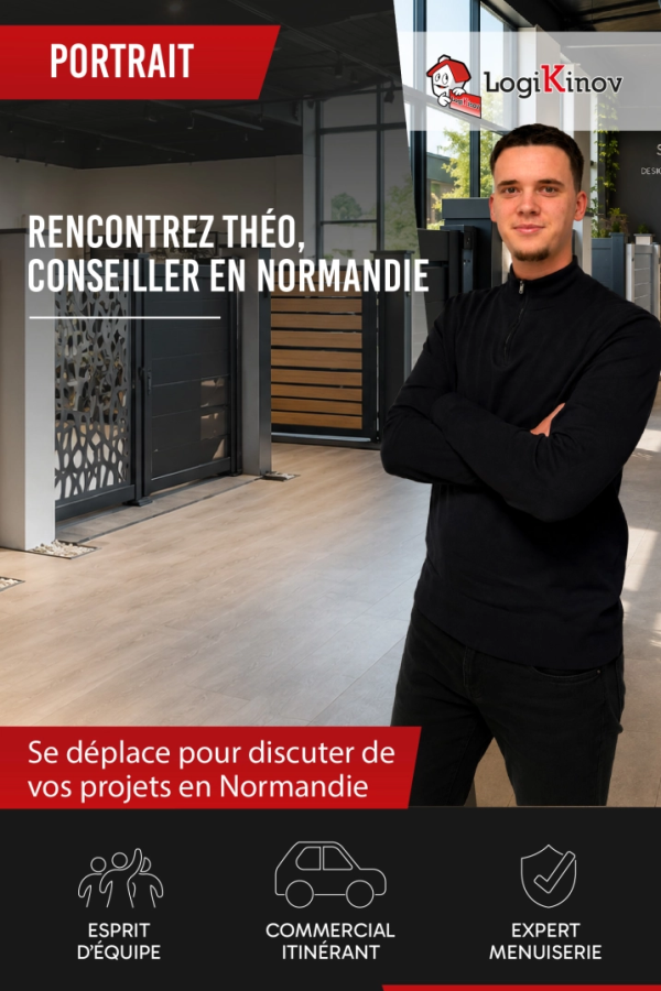 Portrait Théo conseiller Logikinov bras croisés en showroom - texte se déplace pour vos projets