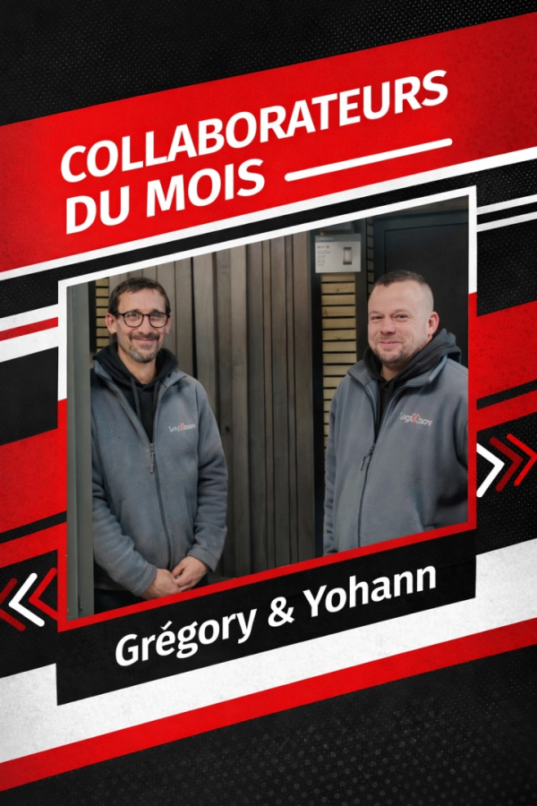 Affiche Collaborateurs du mois : Grégory et Yohann en vestes grises Logikinov fond rouge noir
