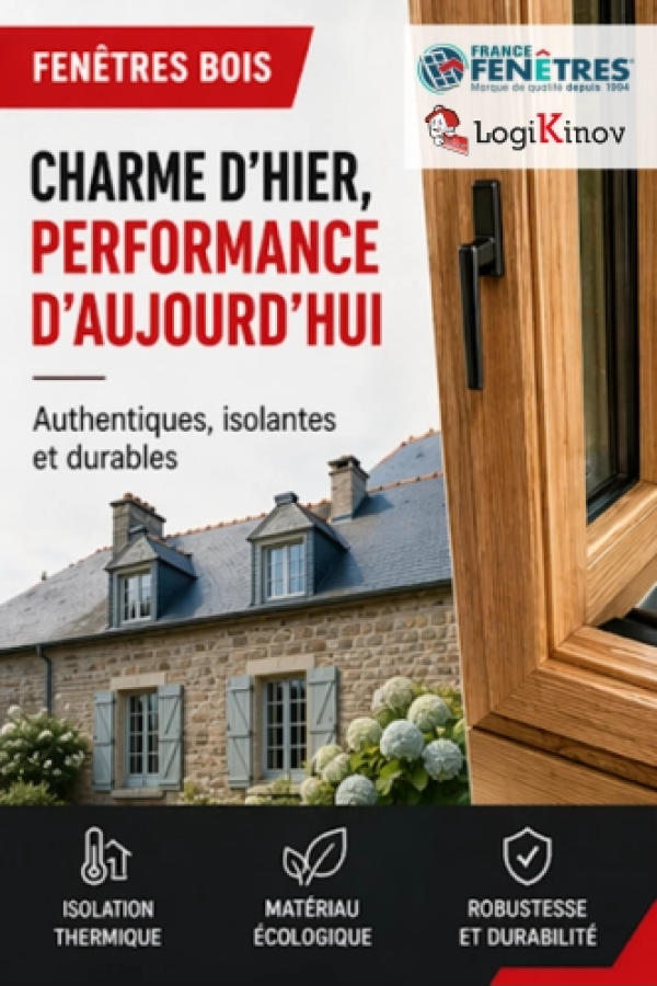Affiche fenêtres bois : maison pierre, cadre bois - Charme d'hier performance - Logos France Fenêtres