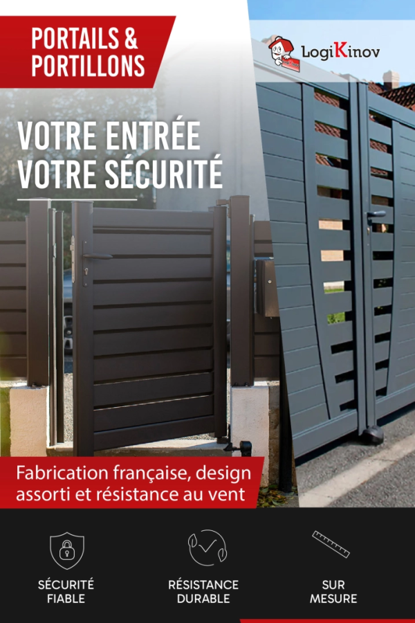 Logo Logikinov - portail coulissant et portillon gris - VOTRE ENTRÉE VOTRE SÉCURITÉ fabrication française