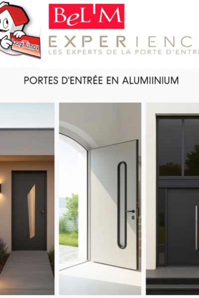 Logo Logikinov et BeL'M - trois portes d'entrée aluminium grise, blanche vitrée et noire