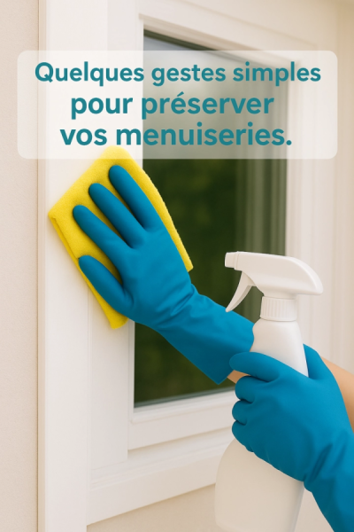 Mains gantées nettoyant un cadre de fenêtre blanc - texte gestes simples pour préserver menuiseries
