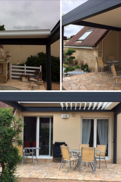 Collage pergola bioclimatique anthracite, lames blanches, terrasse pierre et salon jardin