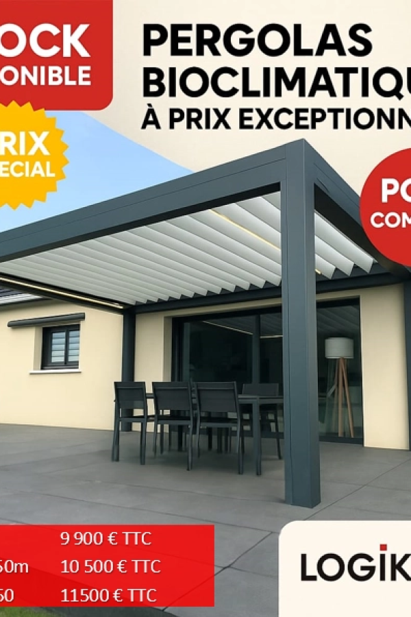 Pergola bioclimatique anthracite sur terrasse avec prix promo et bandeau stock disponible
