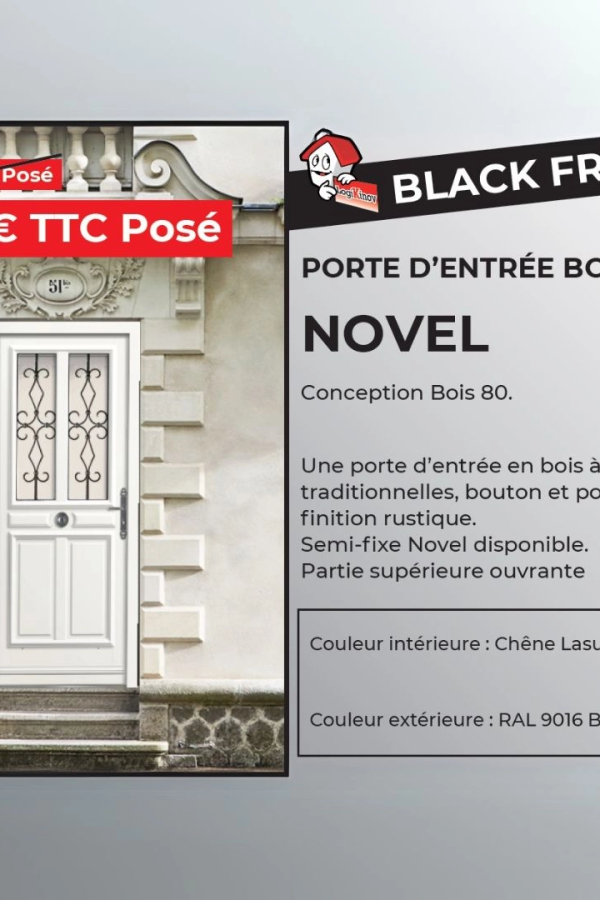 Porte d'entrée bois modèle Novel blanche avec ferronnerie - encart promo Black Friday
