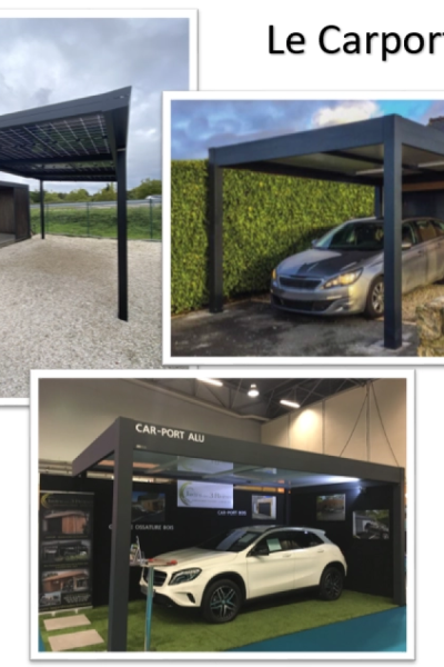 Collage carports aluminium anthracite, toit panneaux solaires, voiture et marquage CAR-PORT ALU