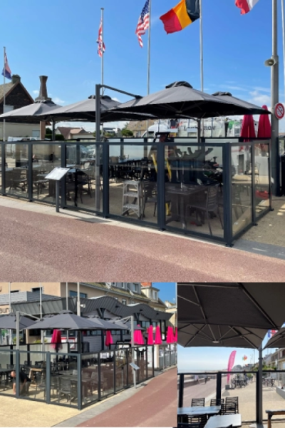 Collage terrasse restaurant, pare-vent verre anthracite et parasols déportés carrés gris