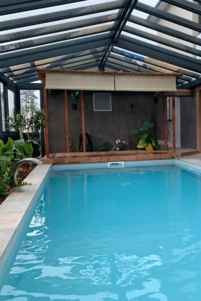 Piscine couverte par véranda verre et acier sombre, cabane bois et plantes tropicales