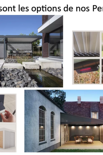 Collage pergola bioclimatique anthracite, lames orientables, LED, chauffage et prise USB