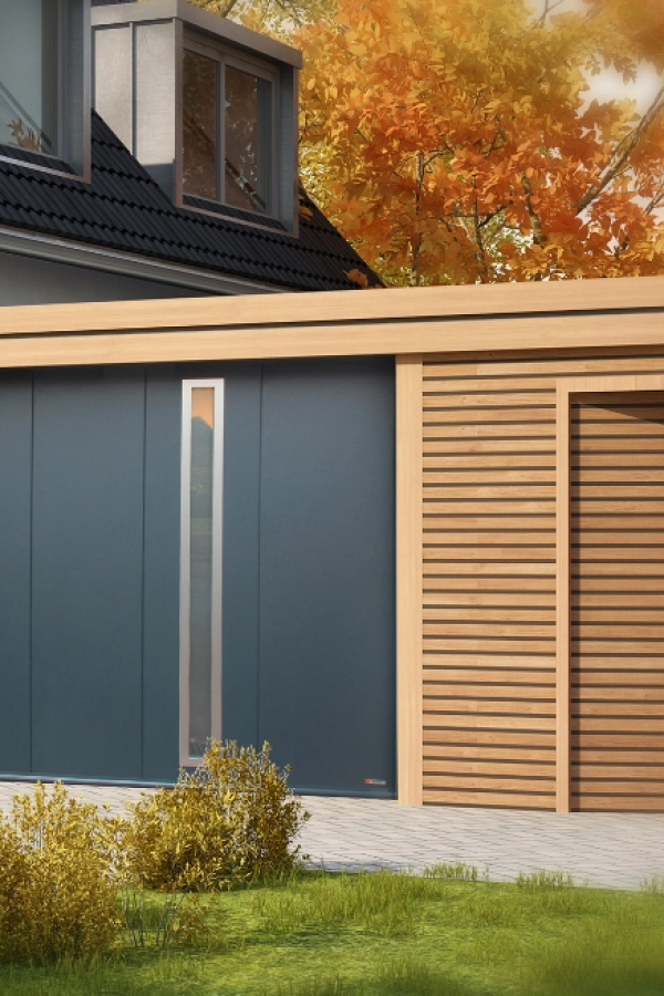 Porte de garage anthracite avec hublot vertical et bardage bois clair sur façade contemporaine