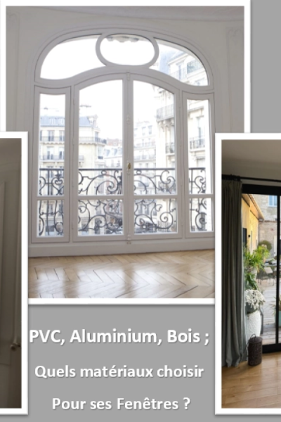 Fenêtre cintrée blanche sur parquet chevron et encart baie alu noire - texte PVC Aluminium Bois