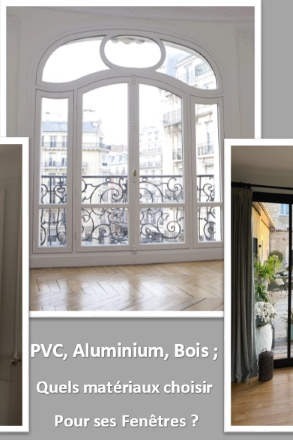Fenêtre cintrée blanche sur parquet chevron et encart baie alu noire - texte PVC Aluminium Bois