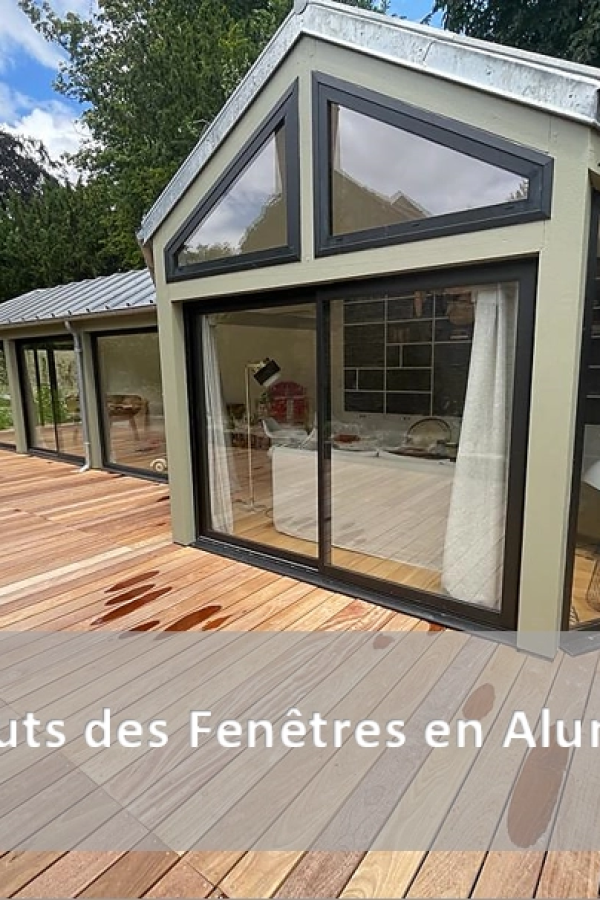 Extension alu vert olive, baie coulissante et fenêtres triangulaires sur terrasse bois