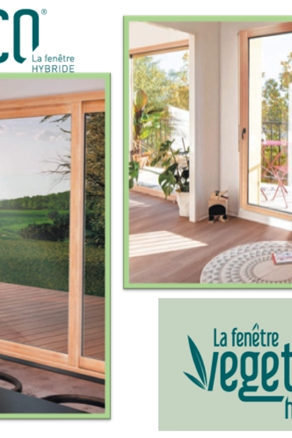 Collage fenêtres hybridées bois clair ouvrant sur terrasse, jardin balcon et logo fenêtre végétale