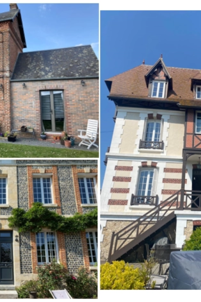 Collage façades avec portes-fenêtres anthracite et fenêtres blanches sur maison pierre et brique