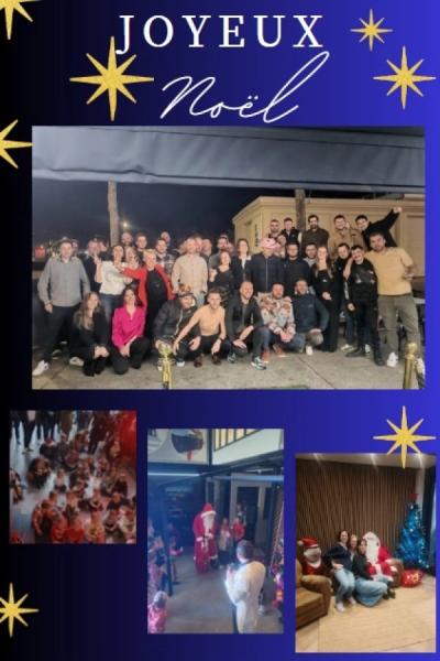 Montage Noël fond étoilé : photo de groupe équipe, texte Joyeux Noël et scènes Père Noël