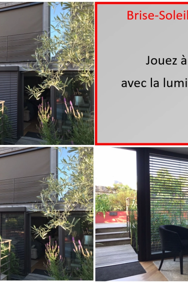 Collage brise-soleil orientables anthracite sur façade moderne et salon avec fauteuil noir