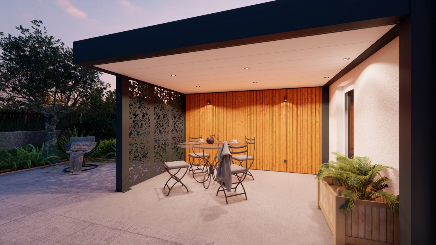 Pergola noire toit blanc spots, mur tasseaux bois, paroi ajourée et table ronde le soir