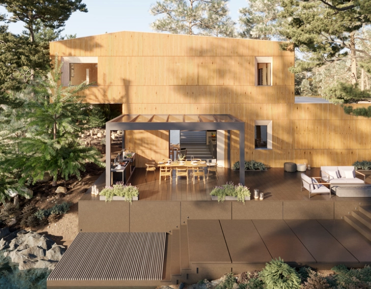 Rendu maison bardage bois vertical, pergola noire toit verre, cuisine d'été pins