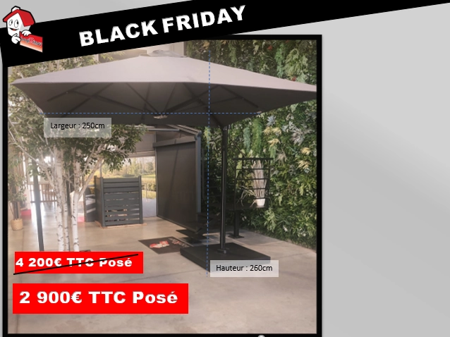 Black Friday parasol déporté gris 250x260 cm - 2 900€ TTC posé, 4 200€ barré - Logo Logikinov
