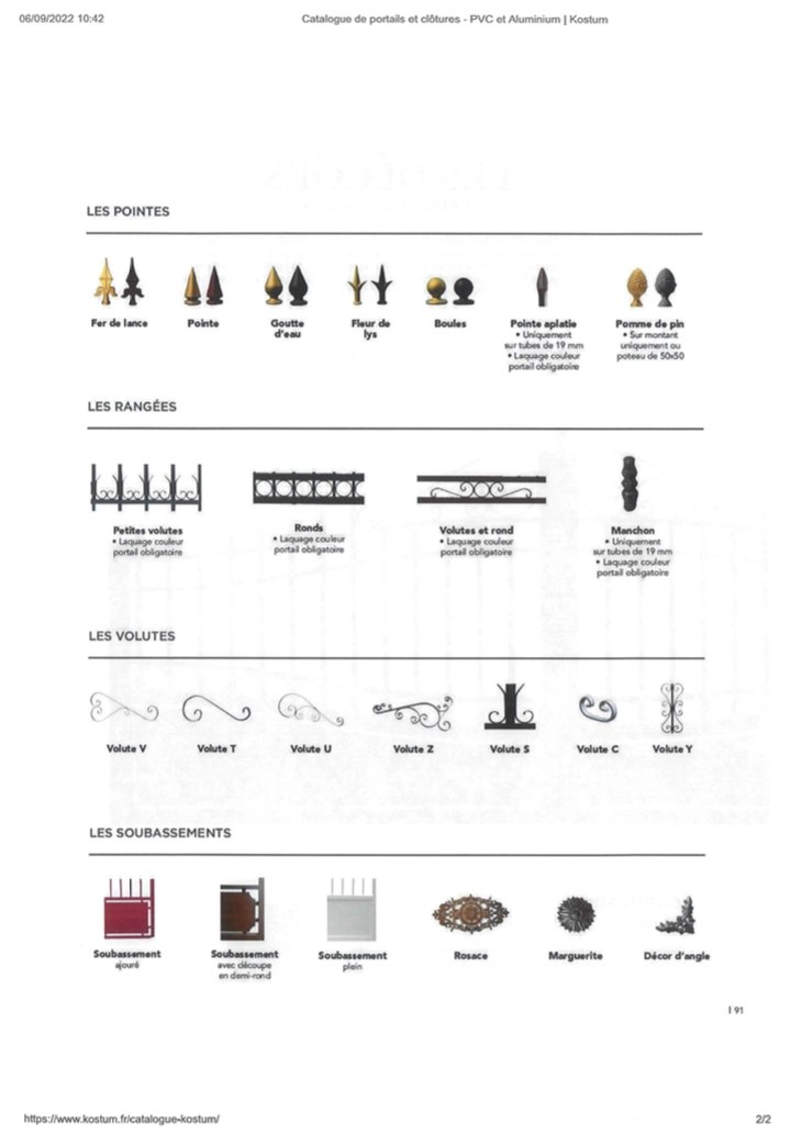 Planche catalogue Kostum : options décoratives pointes, volutes et soubassements portail