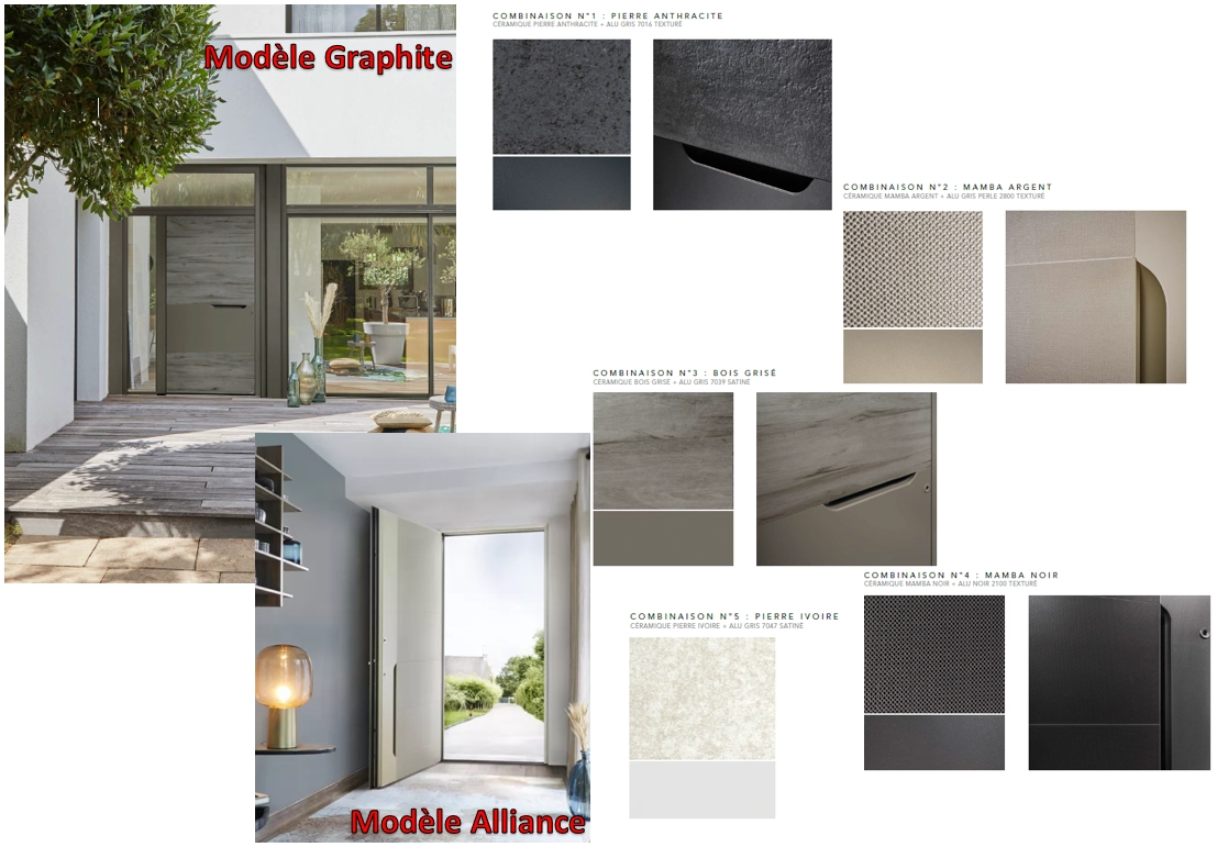 Collage portes Bel'M Graphite et Alliance avec cinq échantillons finitions pierre et Mamba