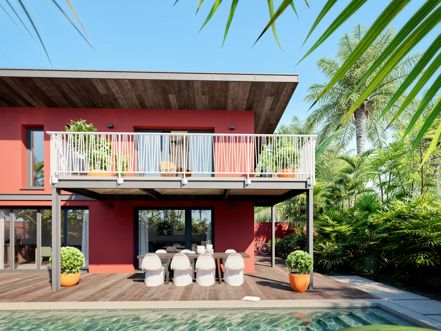 Rendu 3D maison rouge toit plat, terrasse bois, piscine et palmiers tropicaux