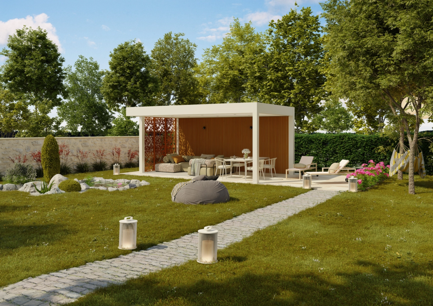 Pergola blanche parois bois, salon et table blanche, jardin éclairé et hamac entre arbres