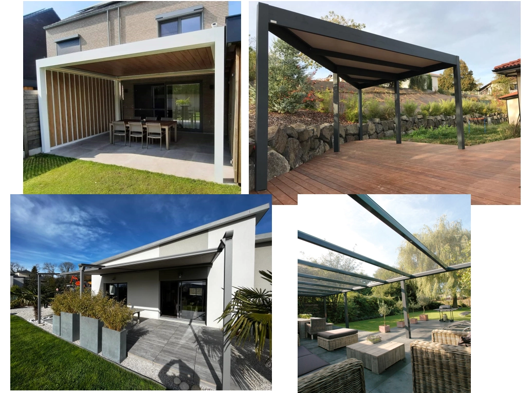 Collage quatre pergolas : blanche, anthracite terrasse bois, dalles et salon résine
