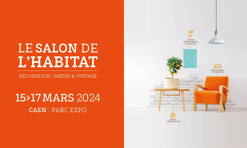 Affiche Salon Habitat Caen 15-17 mars 2024, fauteuil orange et icônes jardin déco