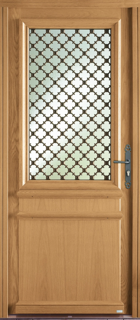 Porte bois clair grande vitre grille fer forgé géométrique et panneaux moulurés