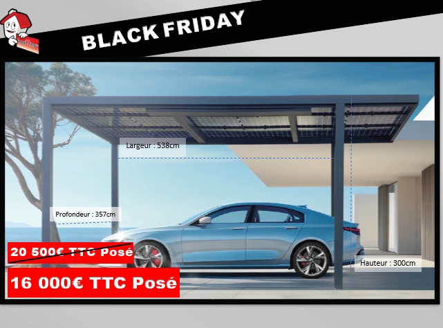 Black Friday carport solaire gris, voiture bleue - 16 000€ TTC posé au lieu de 20 500€
