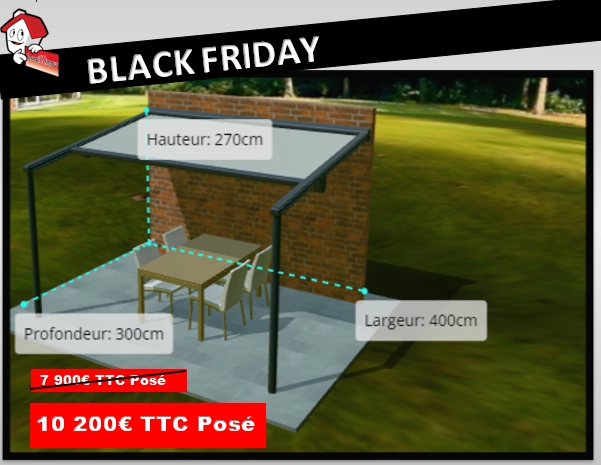 Black Friday pergola adossée 400x300 cm - 10 200€ TTC posé, 7 900€ barré - Logo Logikinov