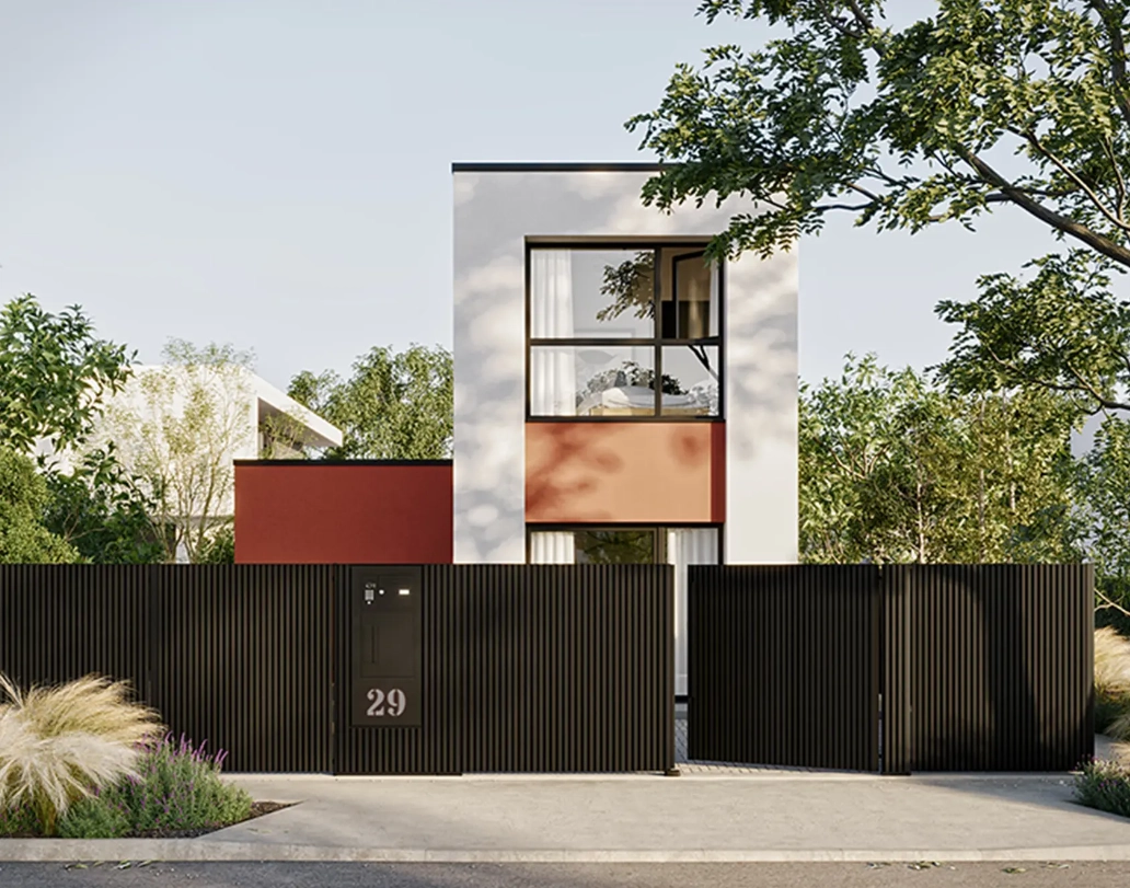 Maison moderne blanche derrière portail noir lames verticales, pilier numéro 29