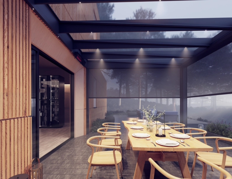 Rendu 3D pergola vitrée LED, table dressée six couverts, forêt brumeuse au crépuscule